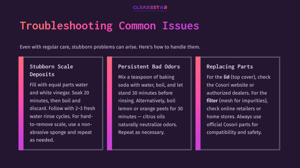 Two-Column Layout Featuring Troubleshooting Tips For A Cosori Electric Kettle In Pink And Purple Text On A Dark Background.