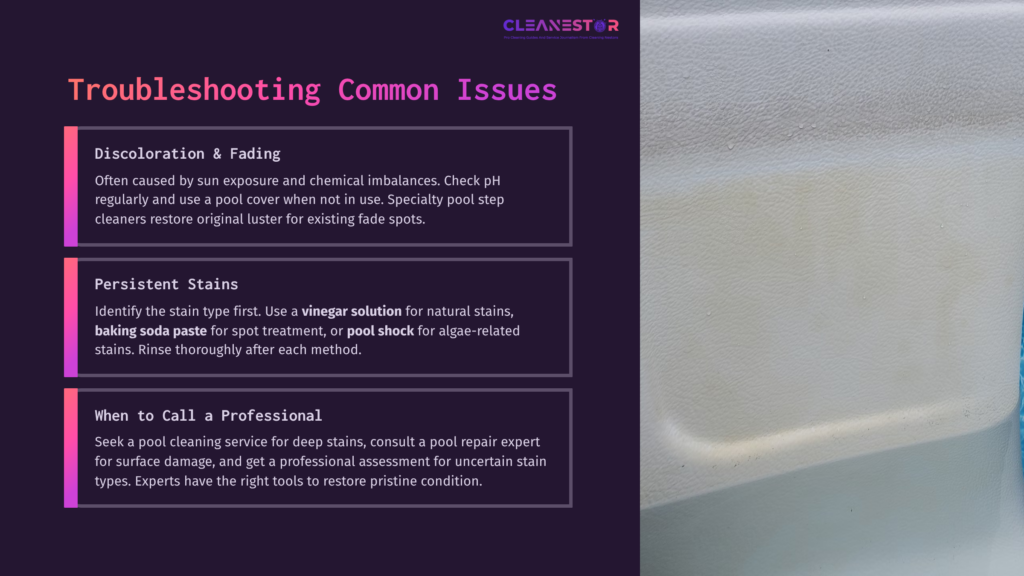 8 Troubleshooting Common Issues 18 Light-Colored Pool Steps Show Discoloration And Stains, With A Blurred Background Indicating Water. Text Outlines Troubleshooting Tips.