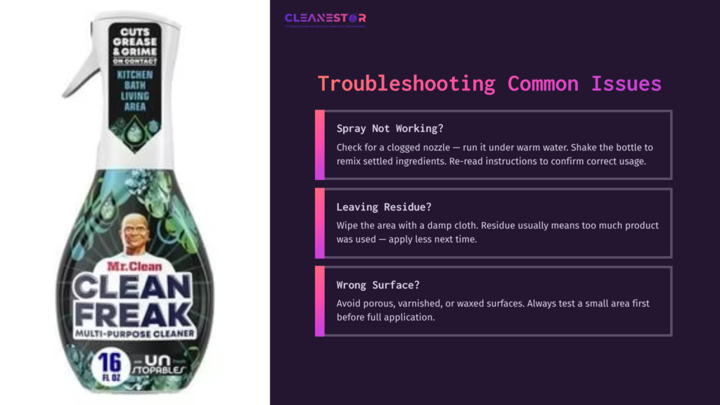 8 Troubleshooting Common Issues 19 Green Spray Bottle Labeled &Quot;Clean Freak&Quot; With A Cartoon Character On The Label, Flanked By Troubleshooting Tips In Pink And White Boxes.