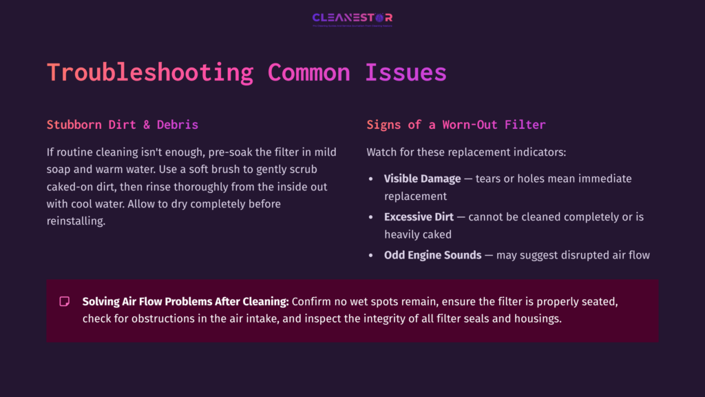 8 Troubleshooting Common Issues 2 Visual Guide Listing Troubleshooting Tips For Air Filter Cleaning, Featuring Bold Headings, Purple Text, And A Structured Layout With Clear Sections.