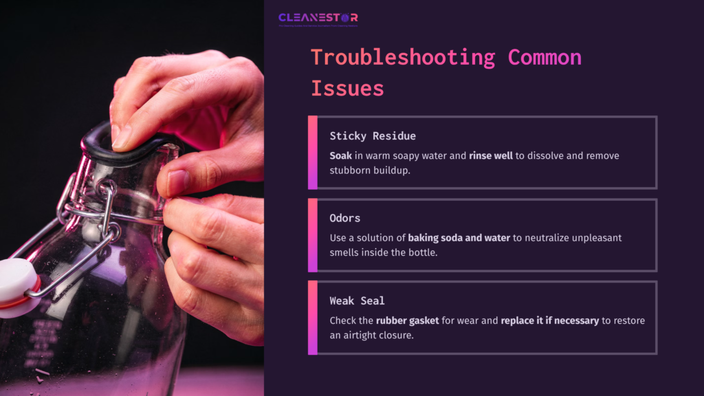 Hands Holding A Flip-Top Bottle, With Text On The Right Detailing Tips For Cleaning And Troubleshooting. Background Is Dark With Purple Accents.