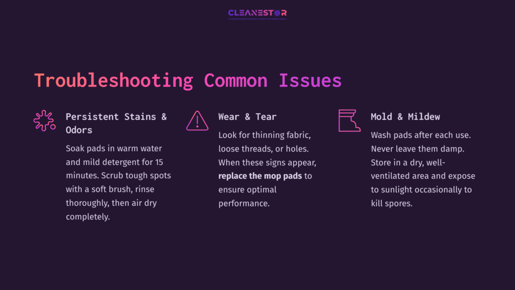Text On A Dark Purple Background Outlining Troubleshooting Tips For Cleaning Irobot Mop Pads, Featuring Pink Headings And Bullet Points.