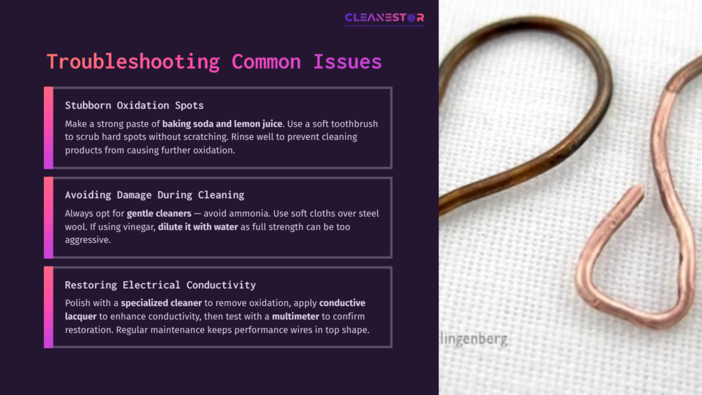 A Close-Up Of Oxidized Copper Wire Next To Cleaning Tips, With A Dark Purple Background And White Text Outlining Troubleshooting Methods.