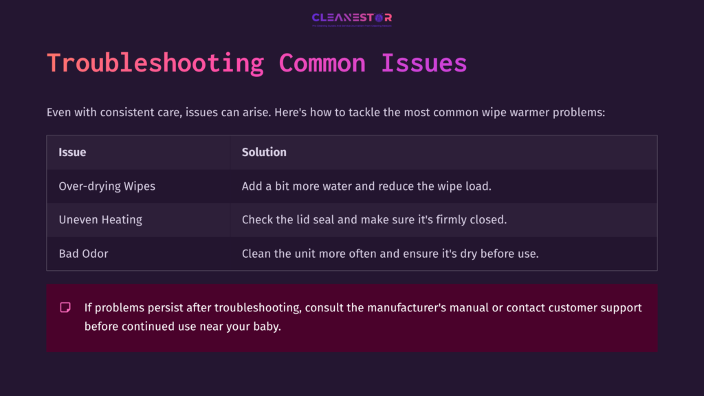 Purple And Pink Layout Featuring Text Titled &Quot;Troubleshooting Common Issues&Quot; With Three Issues And Solutions Listed In White And Light Pink Font.