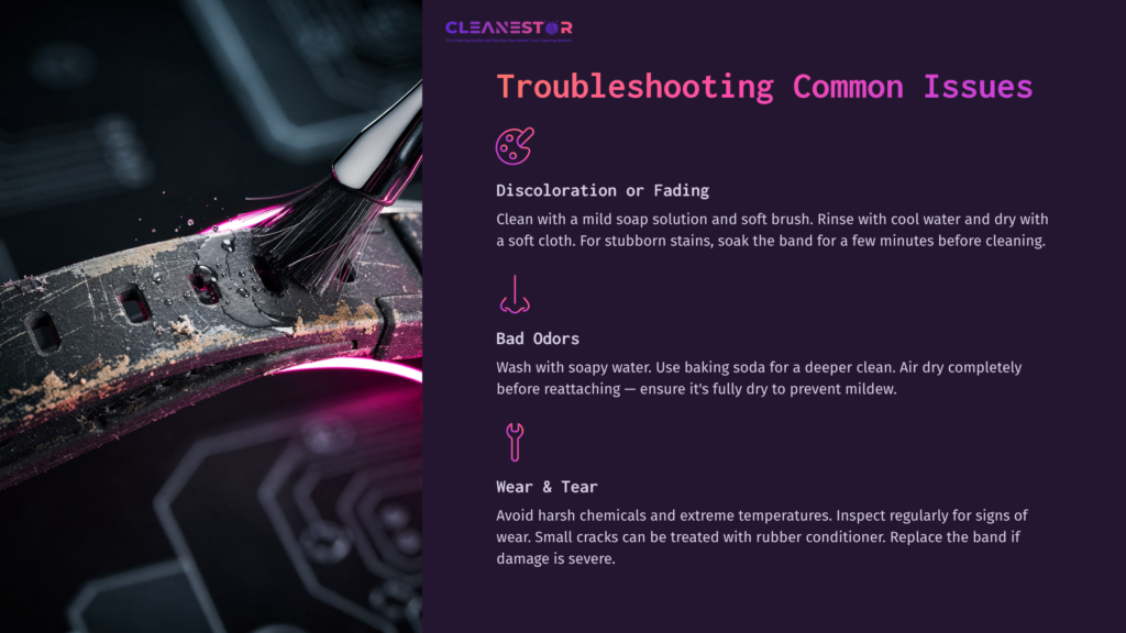 8 Troubleshooting Common Issues 7 A Black G Shock Watch Band With A Soft Brush And Water Droplets, Alongside Troubleshooting Tips On A Dark Purple Background.
