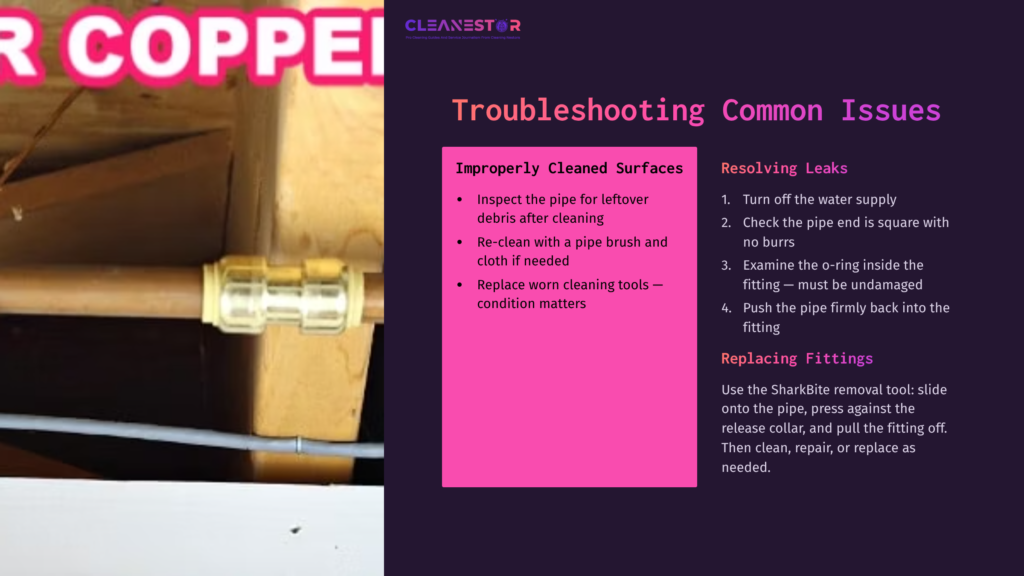 Copper Pipe With A Sharkbite Fitting, On A Wooden Surface. Pink Sidebar Outlines Troubleshooting Tips For Cleaning And Repairing.