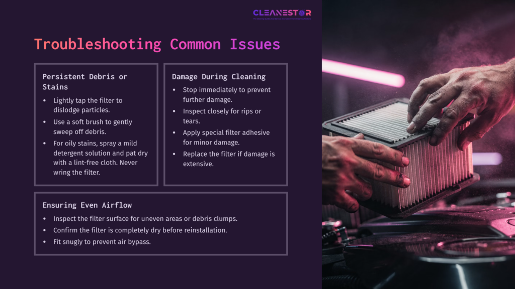 A Close-Up Of A Person Cleaning A Paper Air Filter On A Black Surface, Featuring Tools, A Gray Filter, And Colorful Ambient Lighting.