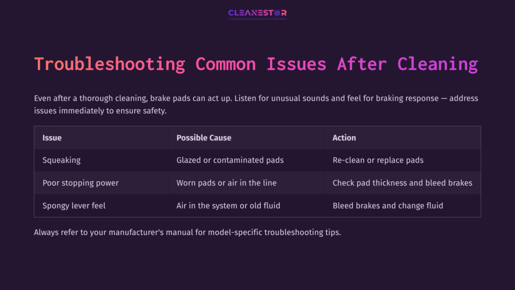 Table Listing Troubleshooting Issues After Cleaning Brake Pads, With Sections For &Quot;Issue,&Quot; &Quot;Possible Cause,&Quot; And &Quot;Action,&Quot; In Purple And White Text.