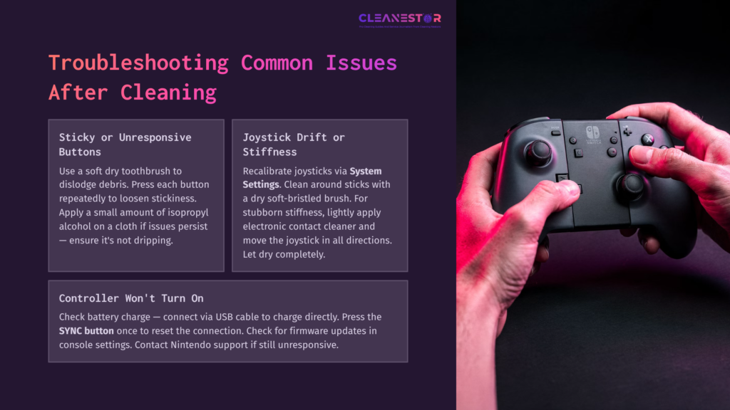 A Person Holding A Nintendo Switch Pro Controller, With A Focus On Clean Buttons, Surrounded By Troubleshooting Tips In Purple Text Boxes.