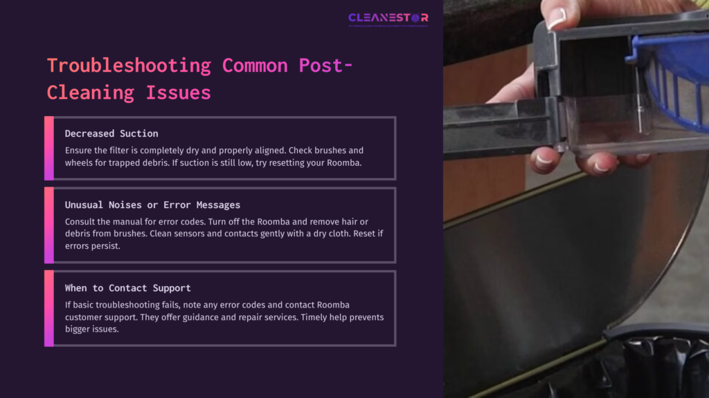 A Hand Holds A Roomba Filter, Positioned Beside Troubleshooting Text On A Dark Purple Background, Focusing On Cleaning And Support Tips.