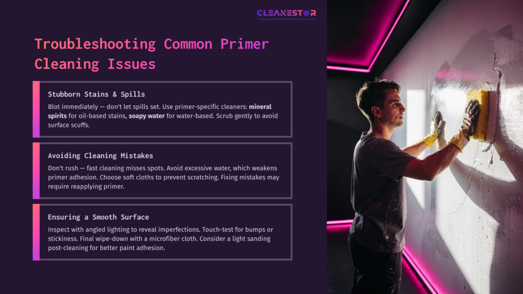 A Person Cleaning A Wall Section With A Brush, Surrounded By Bright Pink Neon Lights, With Text Boxes Outlining Cleaning Tips.