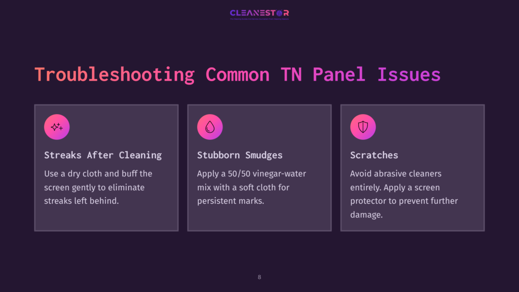 A Dark Purple Background Features Three Pink-Highlighted Boxes With Troubleshooting Tips For Tn Panel Issues, Addressing Streaks, Smudges, And Scratches.