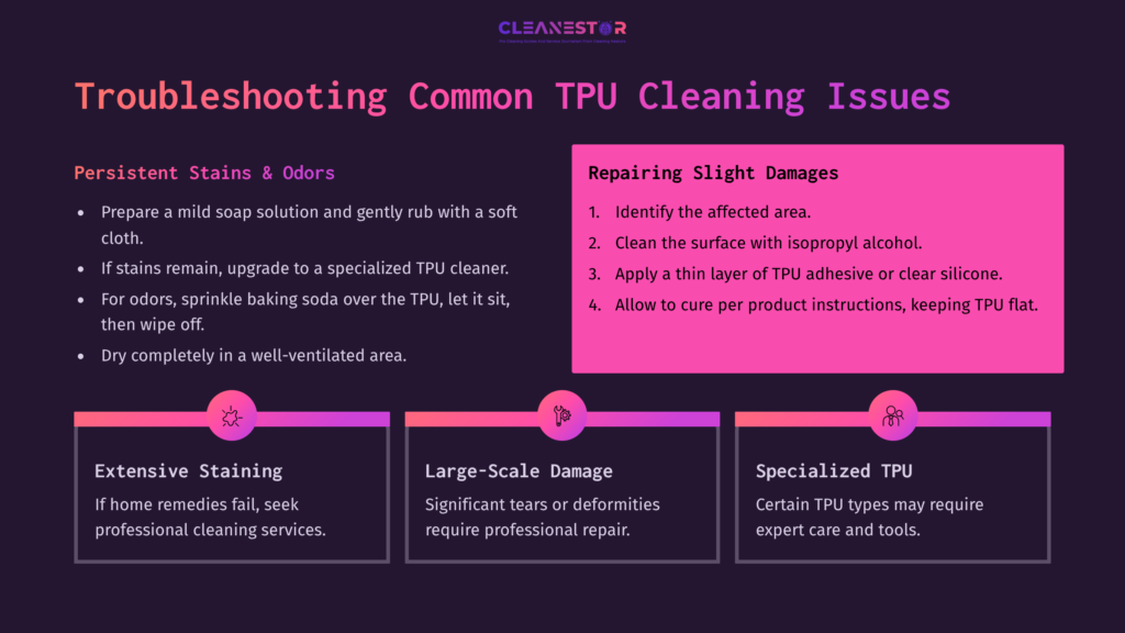 Graphic With Purple And Pink Sections Outlining Troubleshooting Tips For Tpu Cleaning, Including Staining, Damage Repair, And Specialized Care.