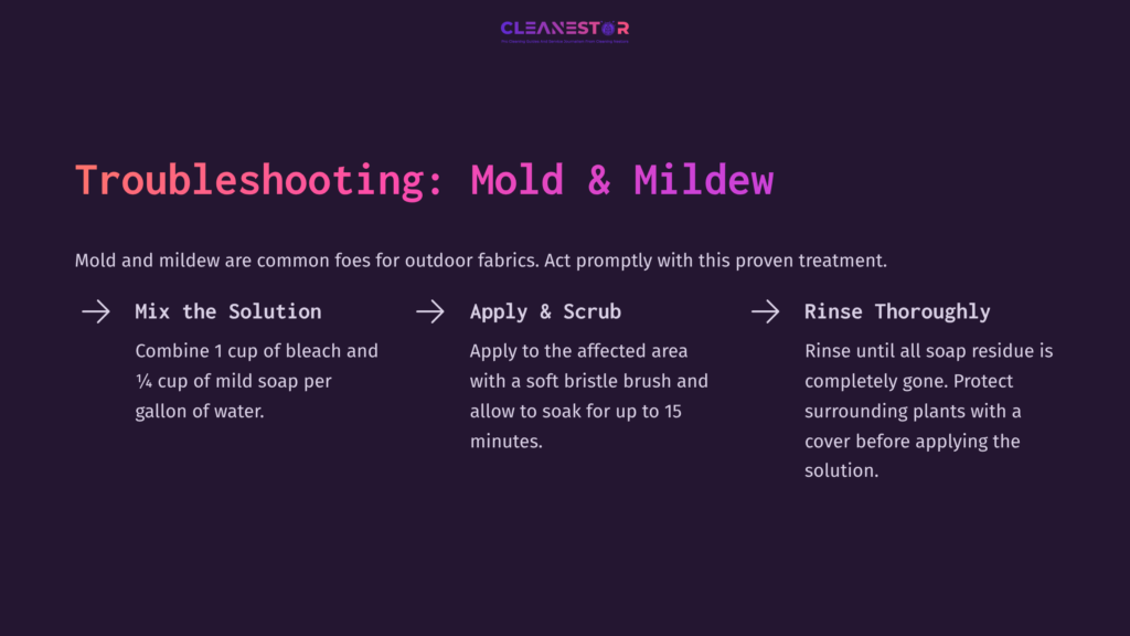 Purple Background With White Text Outlining Steps For Cleaning Mold And Mildew On Sunbrella Awnings: Solution, Application, And Rinsing.