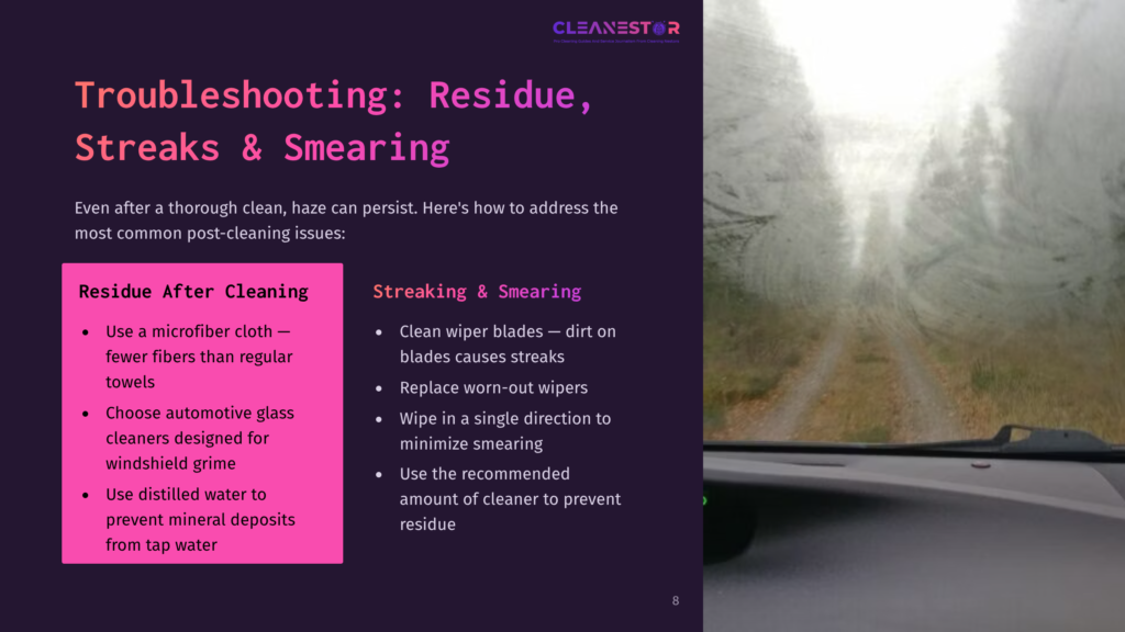 A Foggy Windshield Viewed From Inside A Car, With Tips On Cleaning Stains And Smears Displayed In Purple Text On The Side.