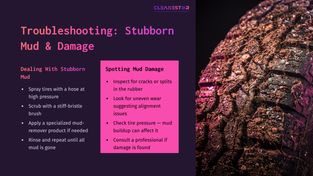 A Close-Up Of A Muddy Tire Tread With Soil Embedded, Accompanied By Text Instructions In Contrasting Colors On The Side.