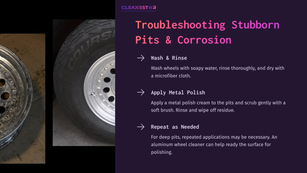Step-By-Step Guide On Cleaning Pitted Aluminum Wheels; Shows A Tire And Wheel With Text Instructions In A Clear Layout.