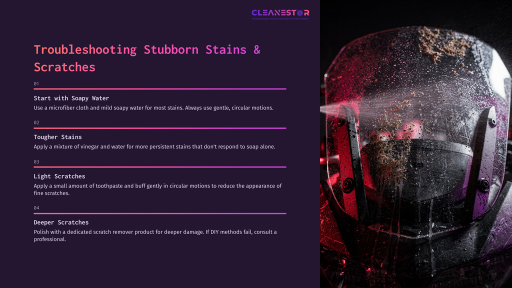 8 Troubleshooting Stubborn Stains And Scratches A Motorcycle Helmet With Water Droplets On It, Alongside A Clean Windshield, And Cleaning Instructions In Pink Text On A Dark Background.