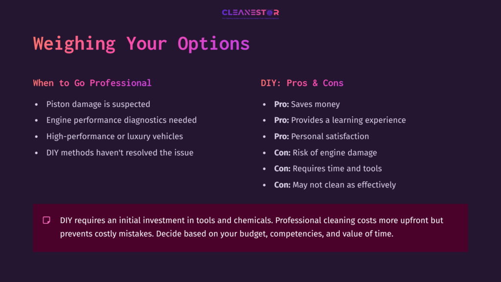 Graphic Displaying Options For Cleaning Carbon On Pistons, Highlighting Pros And Cons For Diy Versus Professional Services, With A Purple And White Color Scheme.