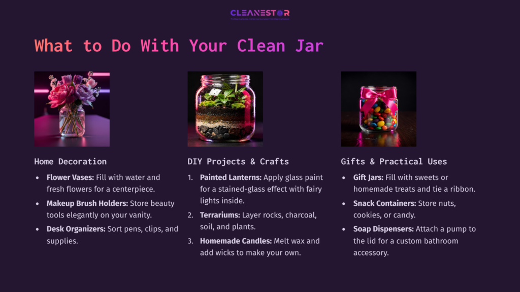 A Colorful Layout Featuring Jars Used For Home Decor, Diy Crafts, And Gifting Ideas, With Vibrant Backgrounds And Text Boxes.
