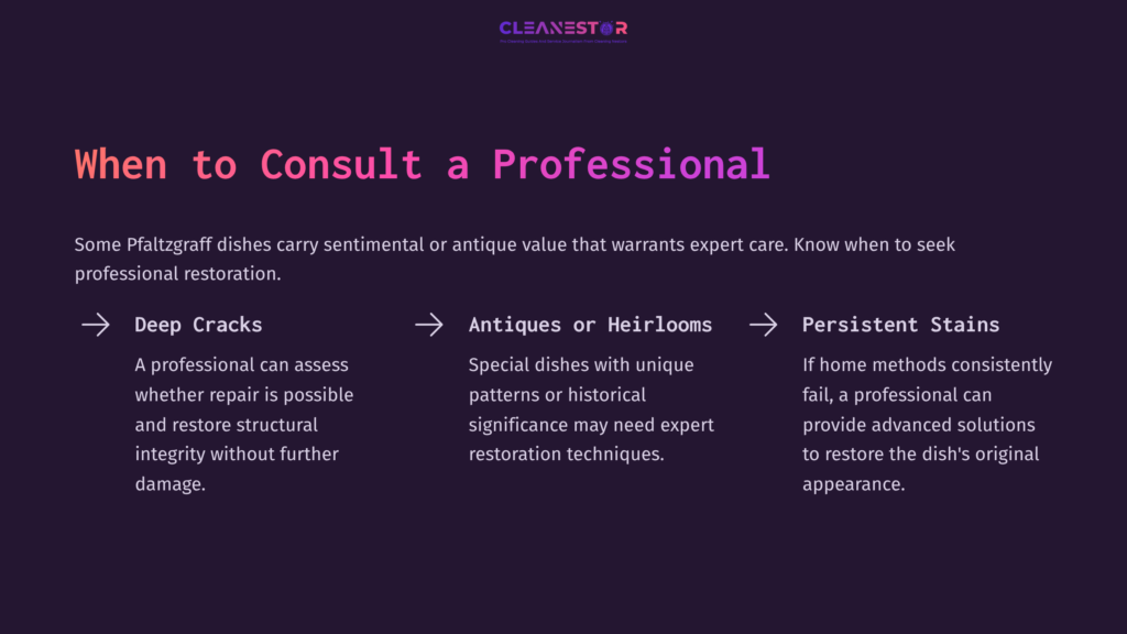 A Purple Background With White Text Detailing When To Consult A Professional For Pfaltzgraff Dish Care, Featuring Three Key Points.