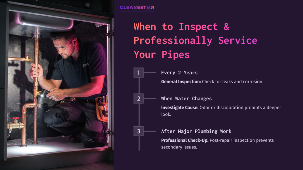 A Maintenance Technician Inspects Copper Pipes Under A Sink, With Highlighted Text Outlining Inspection Tips On The Right.