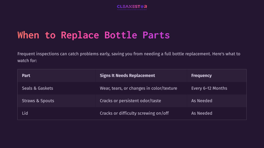 Table Listing Bottle Parts, Their Signs For Replacement, And Frequency Of Checks, On A Dark Purple Background With White Text.