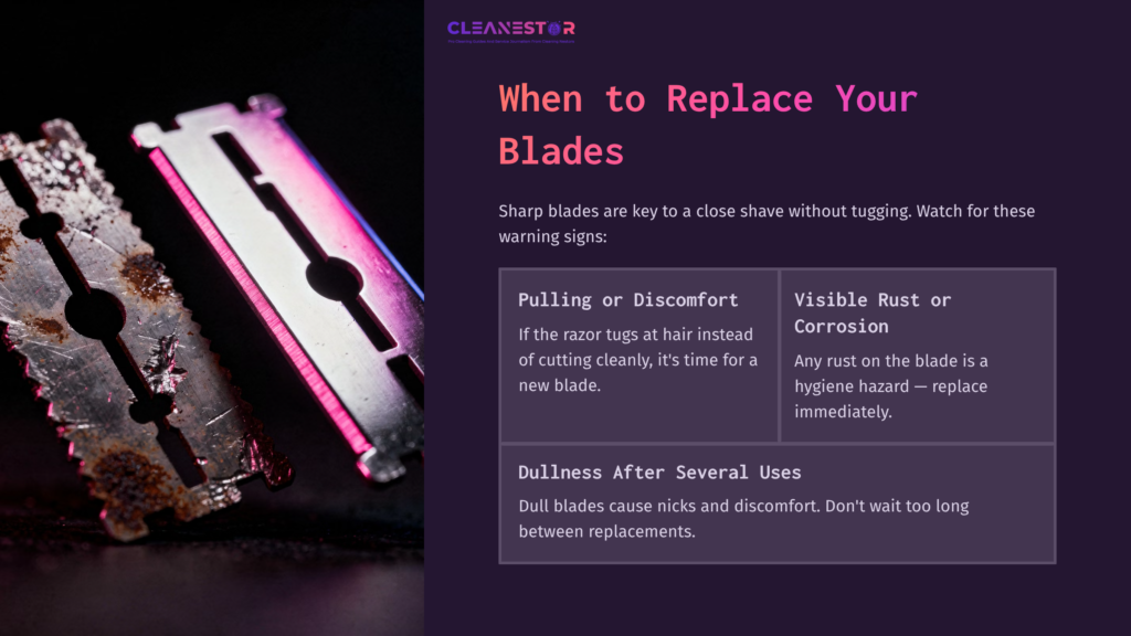 Two Razor Blades, One Pink And One Silver, Displayed Against A Dark Background With Text About Replacing Razor Blades And Their Maintenance.