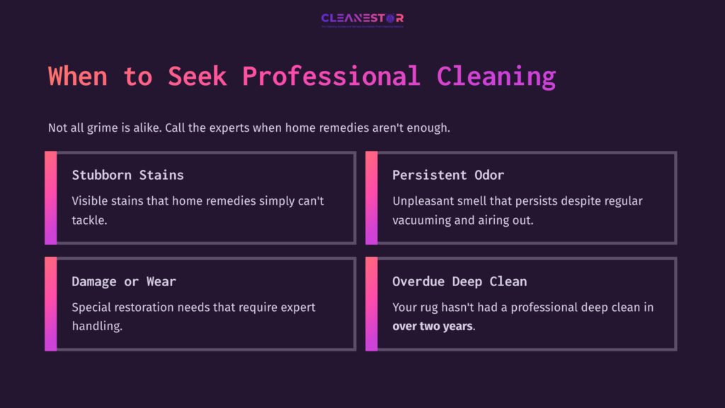 Four Rectangular Sections On A Dark Background. Each Section Highlights Reasons For Seeking Professional Rug Cleaning, Featuring Bold Headings In Purple.