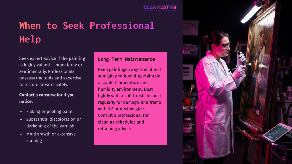 A Lab-Coated Professional Examines An Oil Painting In A Well-Lit Studio, With Shelves Of Supplies And A Vibrant Pink Background.