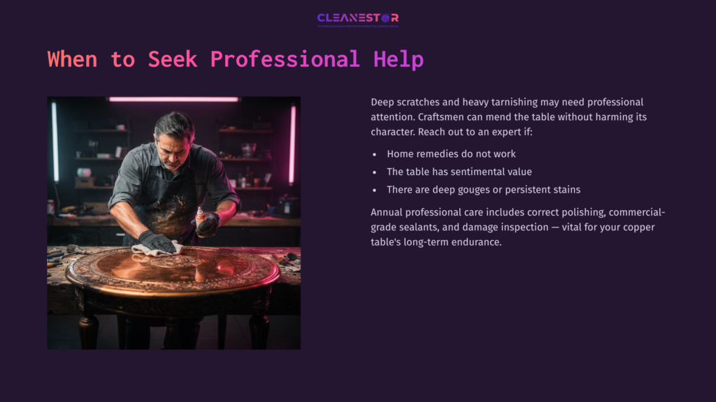 A Craftsman Examines A Copper Table, Highlighting Scratches And Tarnish, With A Dark Purple Background And Text About Professional Care.