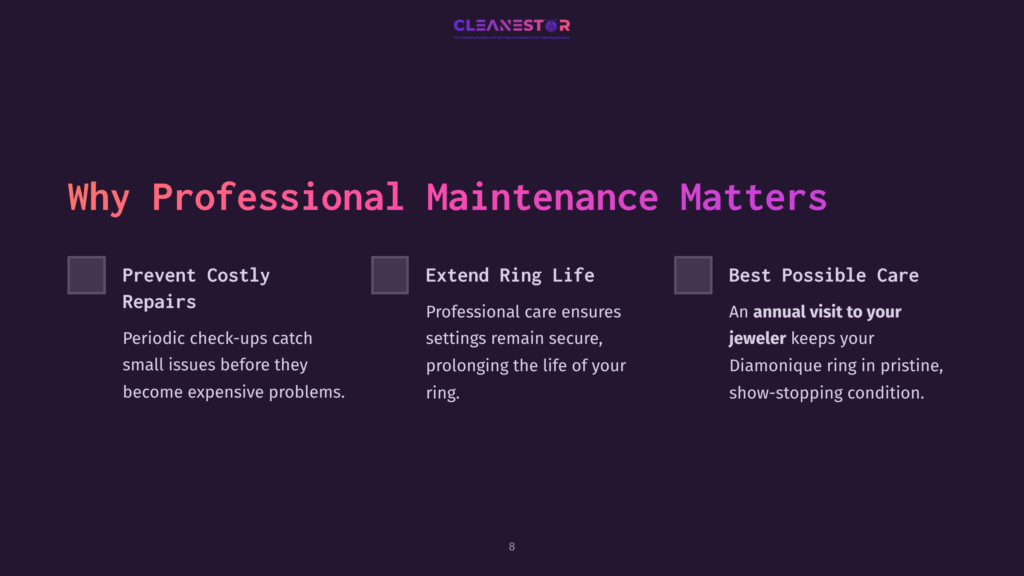 Purple Background With Text In Pink And White Highlights Reasons For Professional Maintenance Of Diamond Rings, Including Cost, Longevity, And Annual Visits.