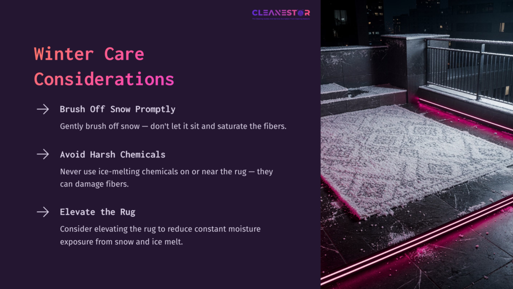 A Snowy Outdoor Rug Sits On A Balcony At Night, Illuminated By Pink Lights, With City Buildings Visible In The Background.