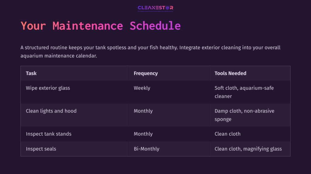 Maintenance Schedule Table With Tasks, Frequency, And Tools Needed For Cleaning A Fish Tank; Features A Dark Background With Highlighted Text.