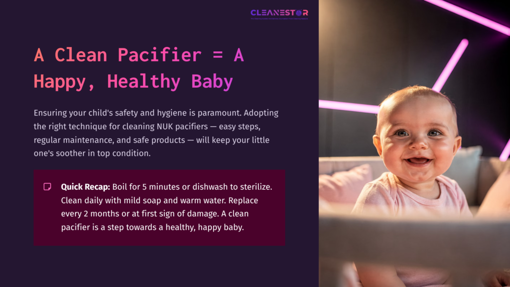 A Smiling Baby Sits In A Cozy Chair With Pink Neon Lights In The Background. Text On The Side Details Pacifier Cleaning Tips.