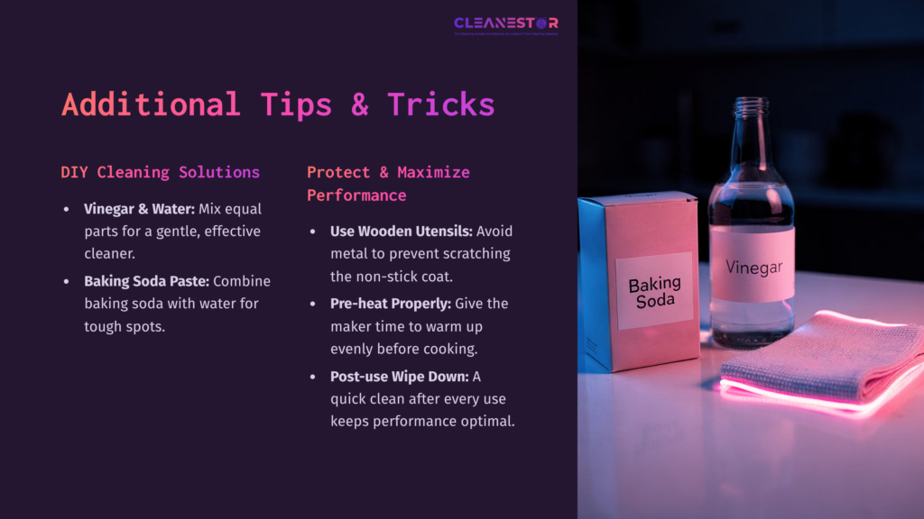 Baking Soda And Vinegar Bottles Next To A Baking Soda Box, With Cleaning Tips In Purple Text On A Dark Background.