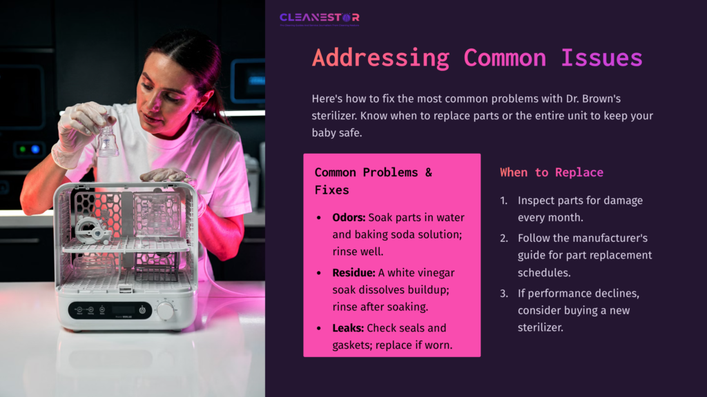 Dr. Brown Sterilizer On A Counter, With A Checklist Beside It Highlighting Common Problems, Fixes, And Replacement Tips In Purple And White Text.