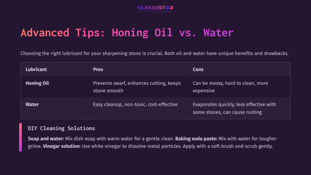 Table Comparing Honing Oil And Water For Sharpening Stones, Highlighting Pros And Cons With A Purple Background And White Text.