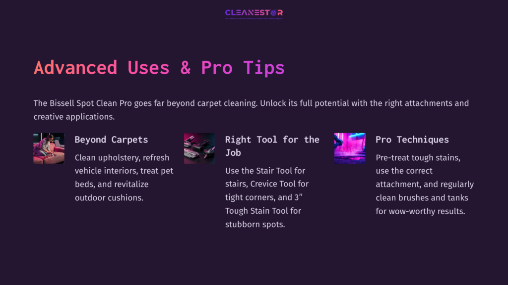 Text On A Dark Purple Background Outlines Advanced Uses And Pro Tips For Bissell Spot Clean Pro, With Icons For Upholstery, Tools, And Cleaning Techniques.