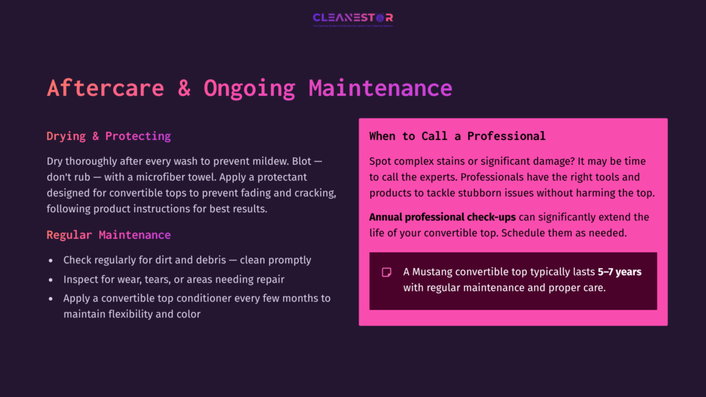 9 Aftercare And Ongoing Maintenance 1 Text Highlights On A Purple Background About Convertible Top Maintenance, Emphasizing Cleaning, Protecting, And Professional Upkeep.