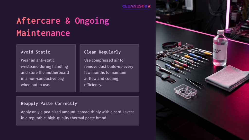 A Dark Workspace Featuring Tools And Supplies For Cleaning Thermal Paste, With Tips On Maintenance Displayed In Purple And White Text.