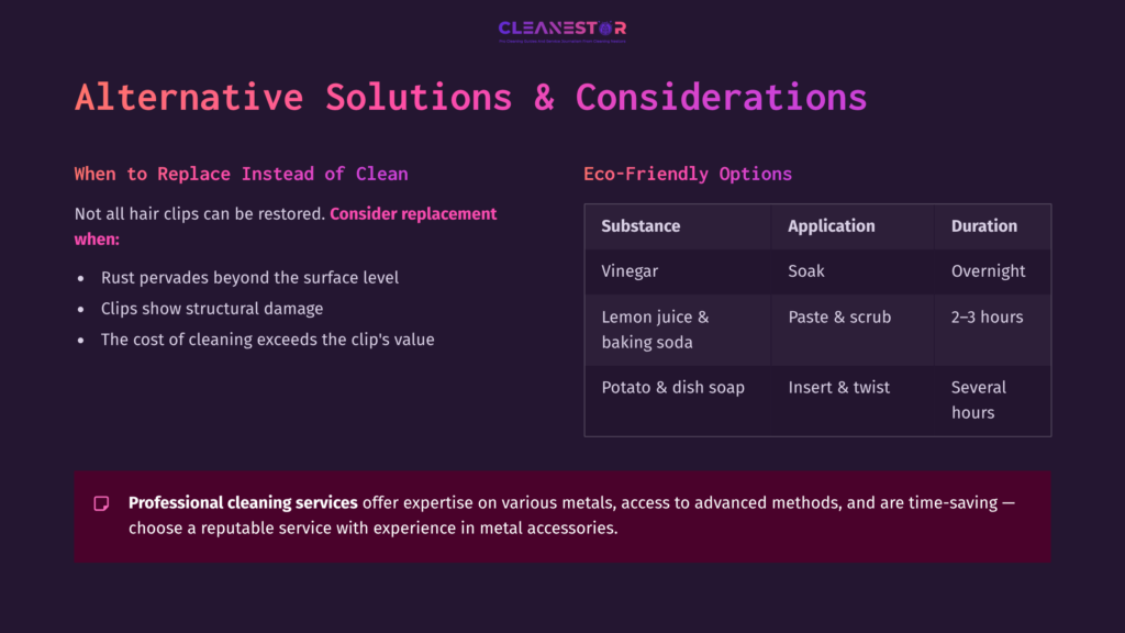 A Chart Listing Alternative Solutions For Cleaning Rusty Hair Clips, Featuring White Text On A Dark Purple Background With Eco-Friendly Options.