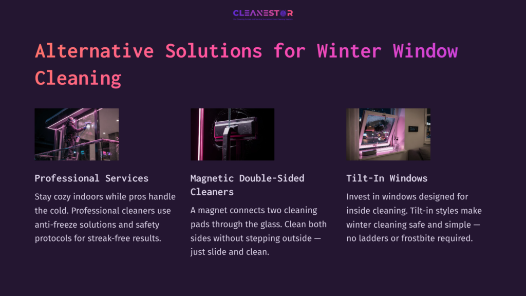 Three Sections Highlight Winter Window Cleaning Solutions: Professional Services, Magnetic Double-Sided Cleaners, And Tilt-In Windows, All With Visuals.