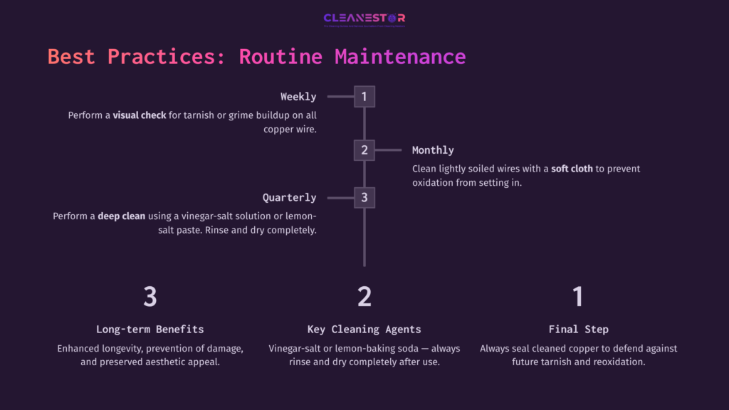 Graphic Illustrating Cleaning Routine For Oxidized Copper Wire, With A Dark Background Listing Best Practices: Weekly, Monthly, And Quarterly Tasks.