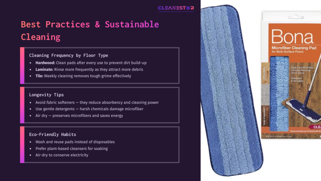 9 Best Practices And Sustainable Cleaning Bona Pad Cleaning Tool On A Purple Background, With Text Outlining Best Practices For Sustainable Cleaning And Efficiency Tips.