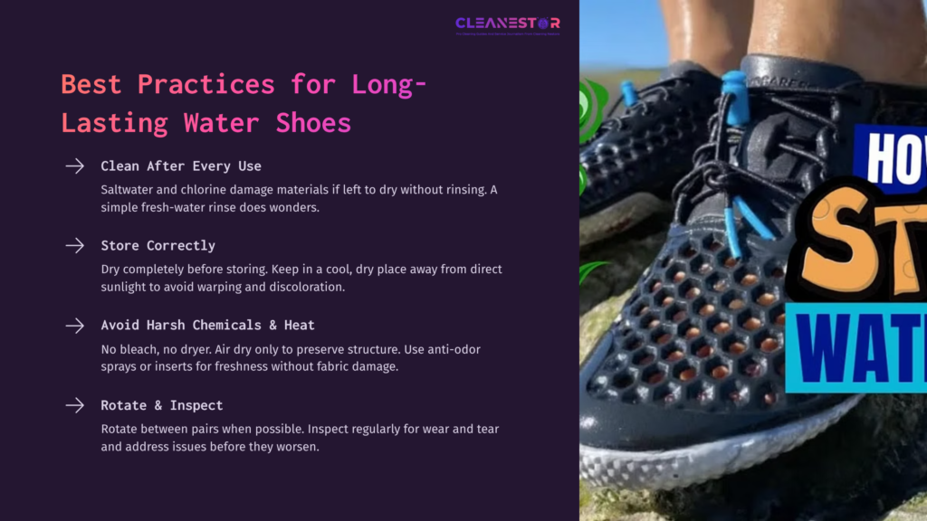 9 Best Practices For Long Lasting Water Shoes Water Shoes With A Breathable Mesh Design, Set On A Rocky Surface, Surrounded By Greenery, With Text On Cleaning Tips.