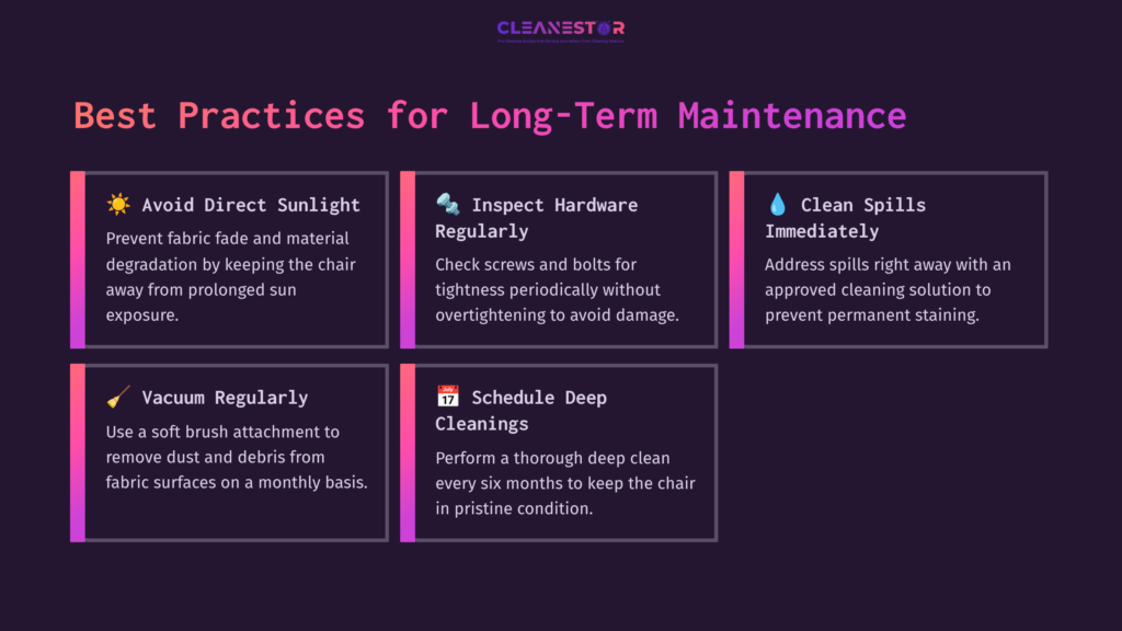 9 Best Practices For Long Term Maintenance Four Quadrants With Maintenance Tips For Herman Miller Chairs, Featuring Headings In Bold Pink Text And White Icons On Dark Backgrounds.