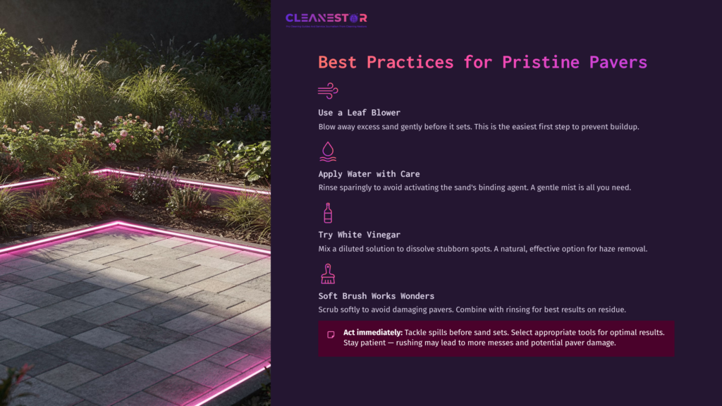 A Clean, Landscaped Patio With Pavers, Featuring Glowing Pink Edges And A Few Scattered Leaves, Alongside Text On Cleaning Tips.