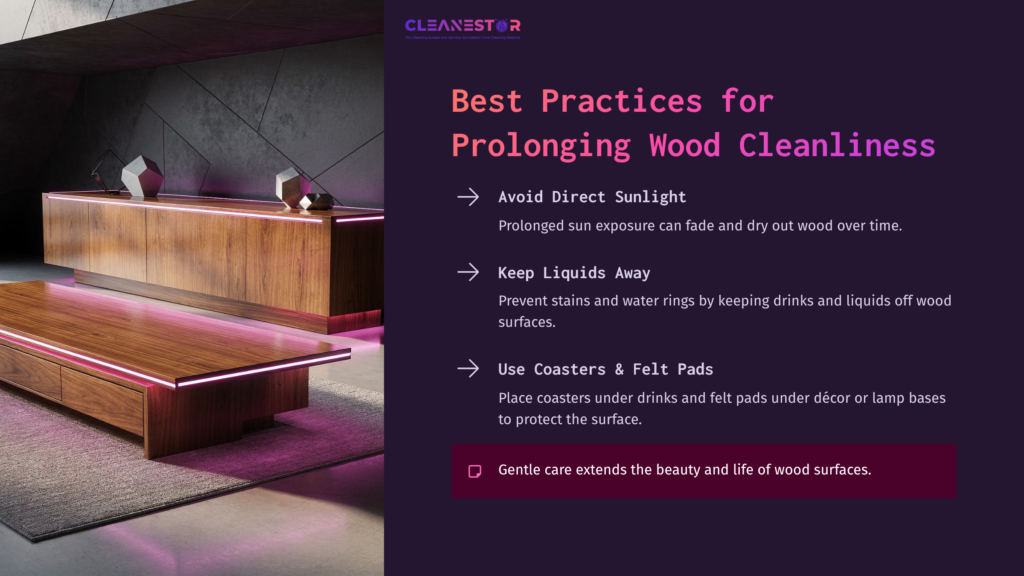A Modern Wood Surface With Stylish Lighting, Featuring Tips On Caring For Wood, Highlighted In Contrasting Text Colors.