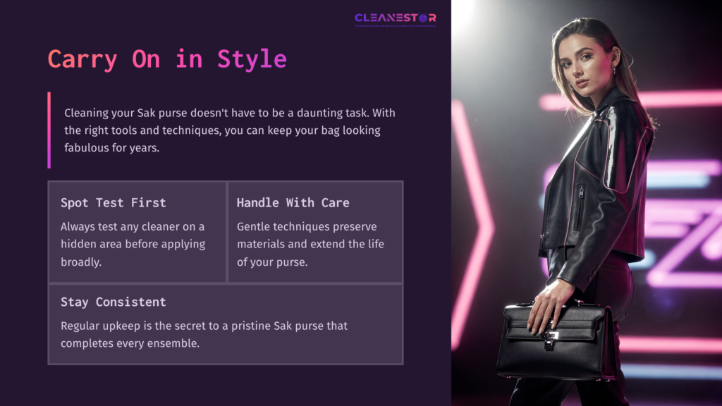A Stylish Person Holding A Sak Purse, With Tips On Cleaning And Maintaining The Bag'S Condition In A Modern, Bold Layout.